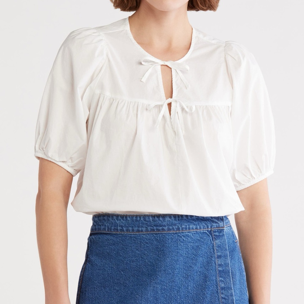 Habitual Light Yellow Women's Blouse Double Tie Puff Sleeve Cotton Top breezy XL